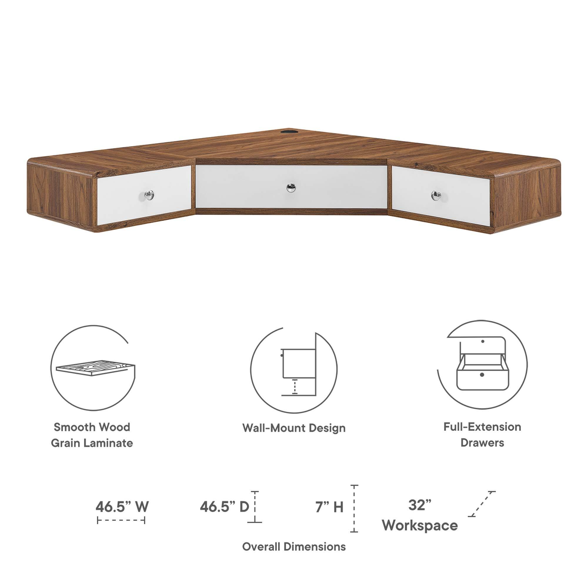 Smooth Wood Grain Laminate Wall-Mount Design Full-Extension Drawers  
46.5" W x 46.5" D x 7" H  
32" Workspace  
Overall Dimensions