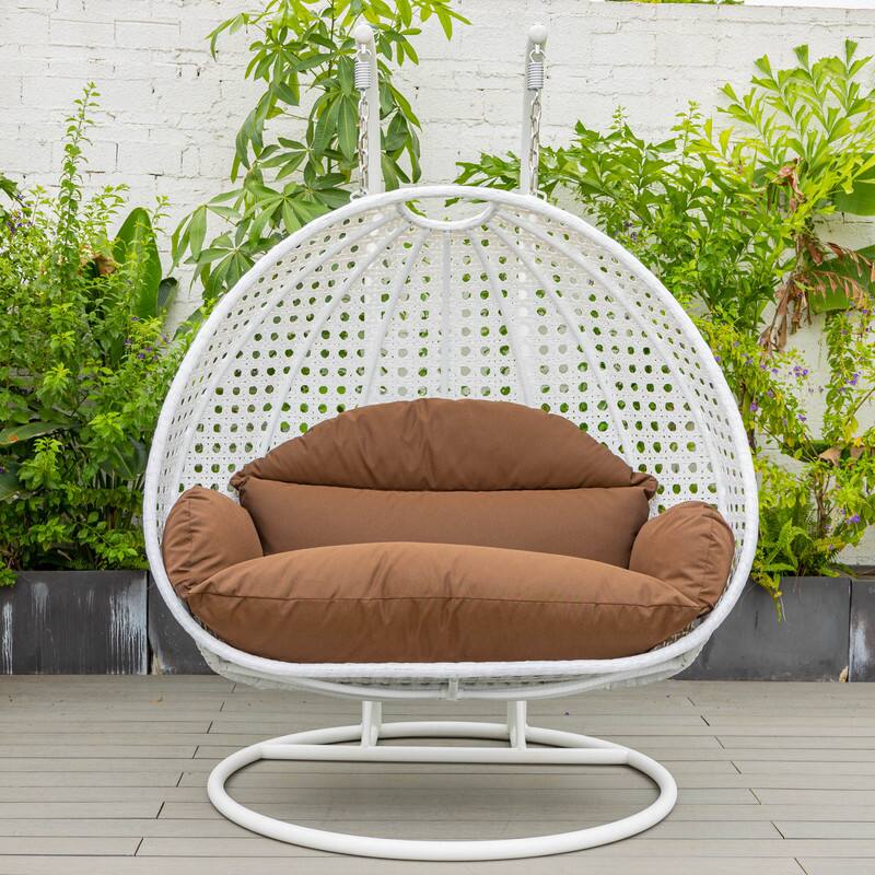 Back. LeisureMod - Leisuremod Modern 2-Person Outdoor Egg Swing White Wicker Chair with Stand, Plush Washable Cushions & Waterproof Cover - Brown.