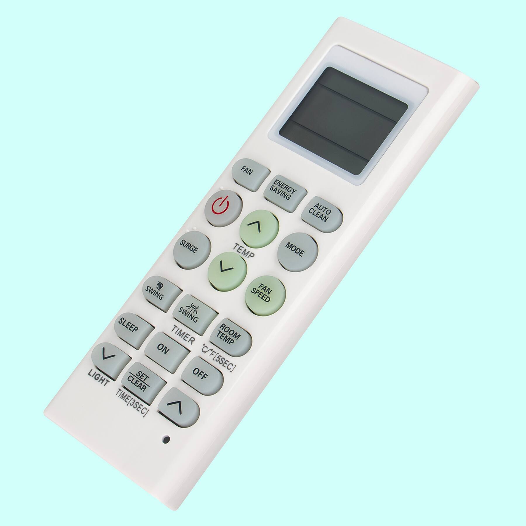 Sure, here is the corrected and grouped text from the image:

**Top Row:**
- ENERGY SAVING
- AUTO CLEAN

**Second Row:**
- FAN
- MODE

**Third Row:**
- SURGE
- TEMP

**Fourth Row:**
- SWING
- ANDED

**Fifth Row:**
- SLEEP
- TIMER
- ROOM TEMP

**Sixth Row:**
- ON
- OFF

**Bottom Row:**
- LIGHT
- SET CLEAR
- TIME [3SEC]

**Additional Labels:**
- C/F [5SEC]
- TEMP MODE SWING SPEED FAN SWING T SLEEP ROOM TIMER TEMP ON C/F[5SEC] LIGHT SET OFF CLEAR TIME[3SEC]