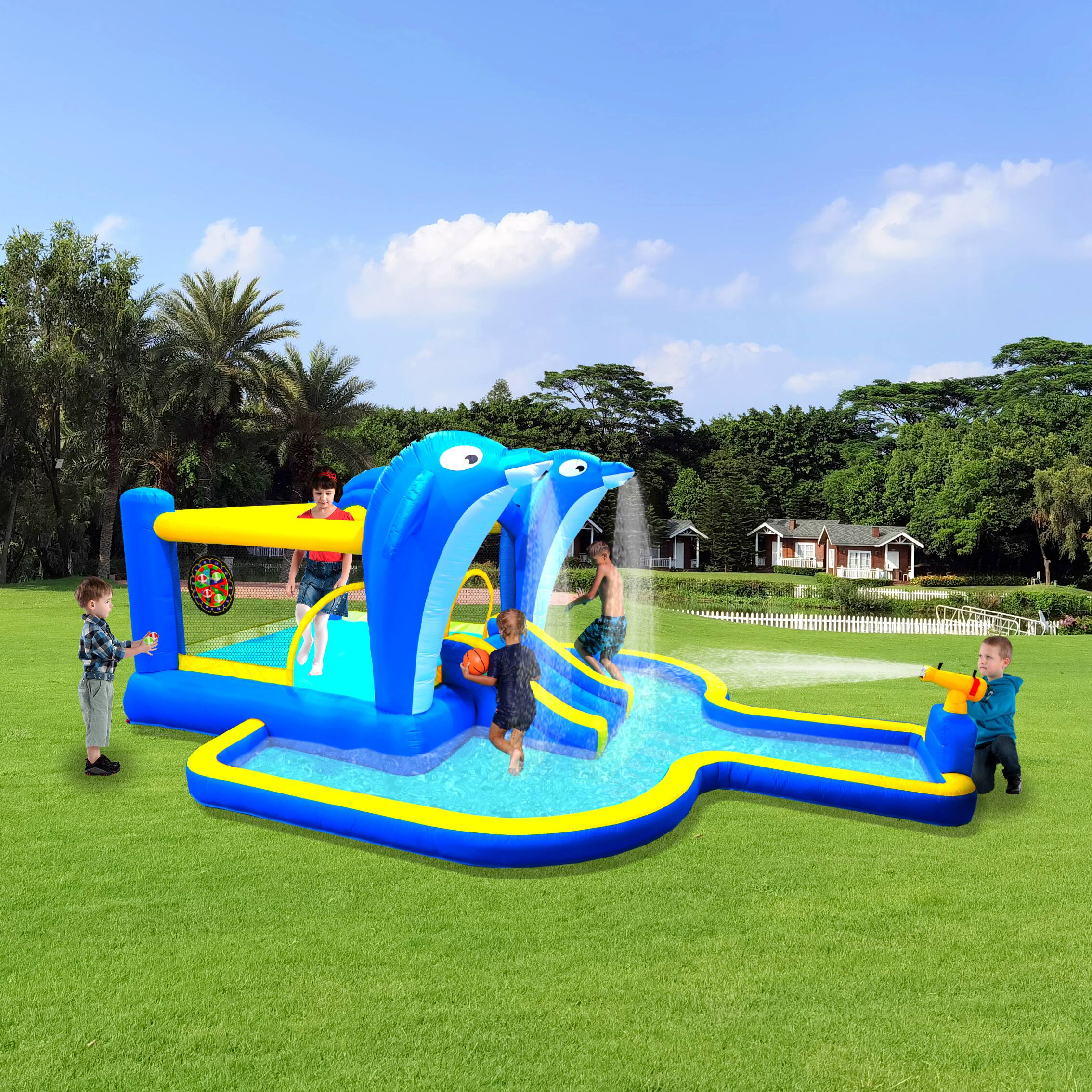 Alt View 8. Loheer - Loheer 8 in 1 Inflatable Water Park Bounce House with Slide Dolphin Sprinkler Target Games.