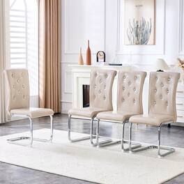 Loheer - Elegant Faux Leather Dining Chairs Set of 4 Crystal Tufted Cantilever Metal Leg 1.37x1.87x3.30 ft - Beige