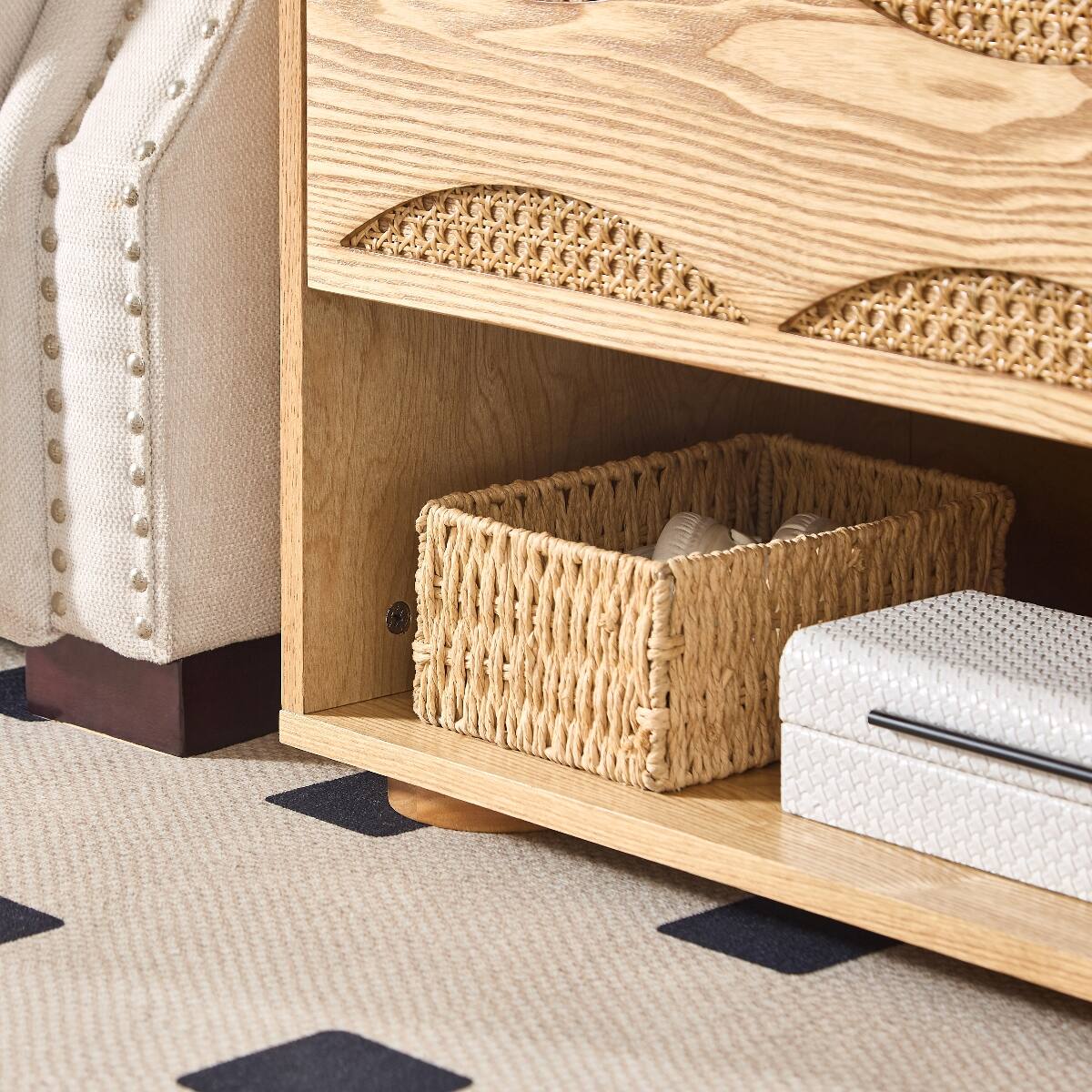 Alt View 8. Loheer - Loheer Mid Century Modern Rattan Nightstand with Charging Station, Natural - Natural.