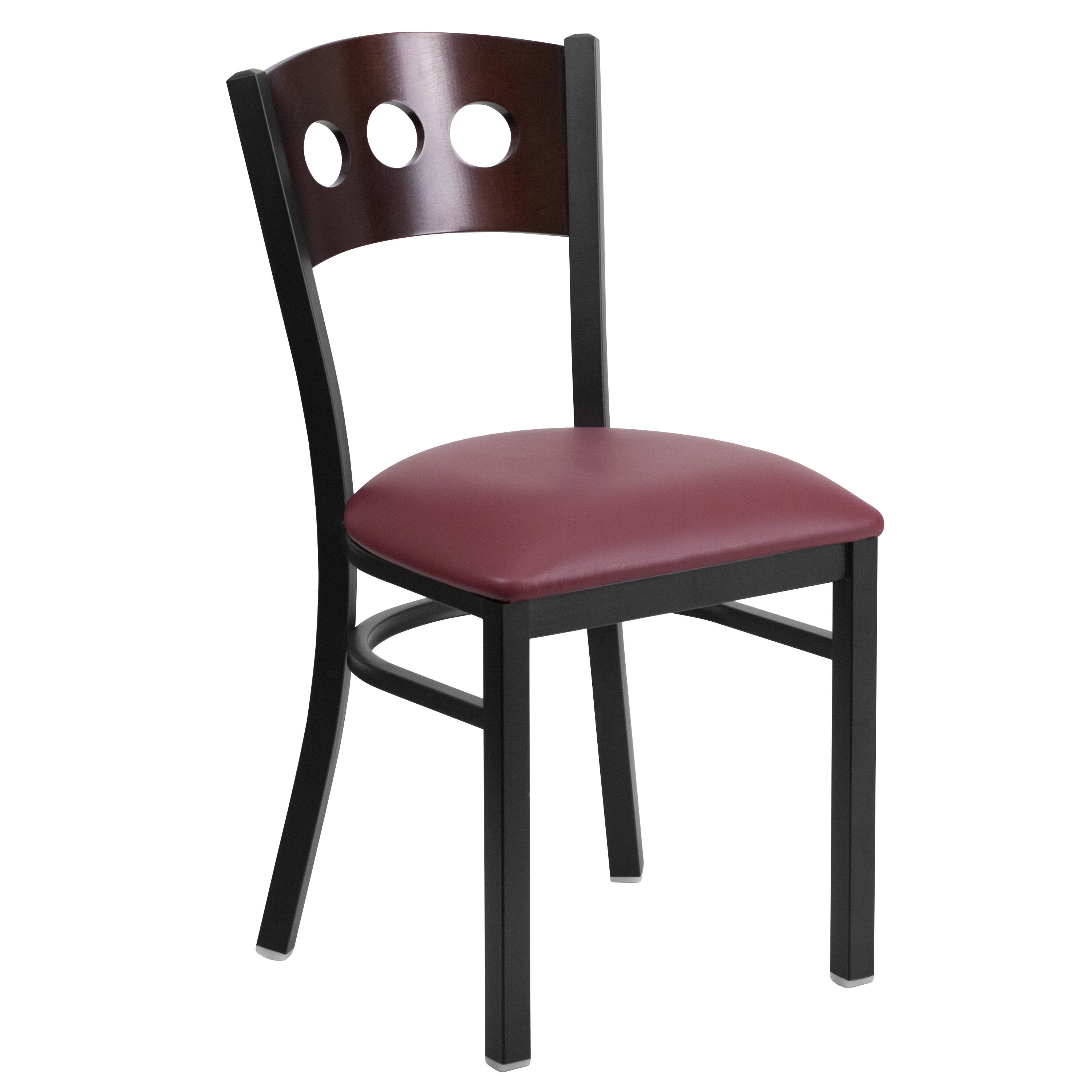 Walnut Wood Back/Burgundy Vinyl Seat/Black Metal