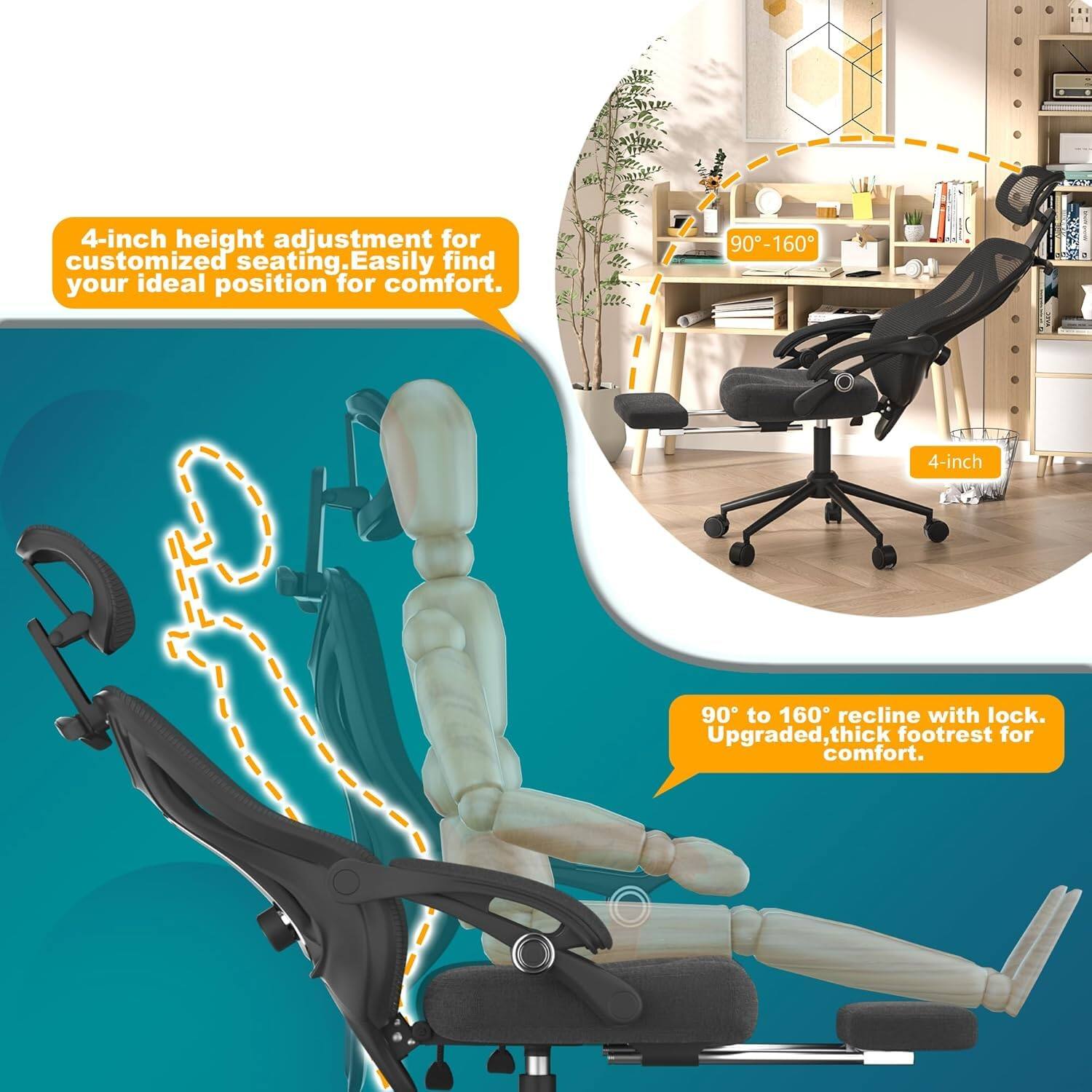 - 4-inch height adjustment for customized seating. Easily find your ideal position for comfort.
- 90° to 160° recline with lock. Upgraded, thick footrest for comfort.