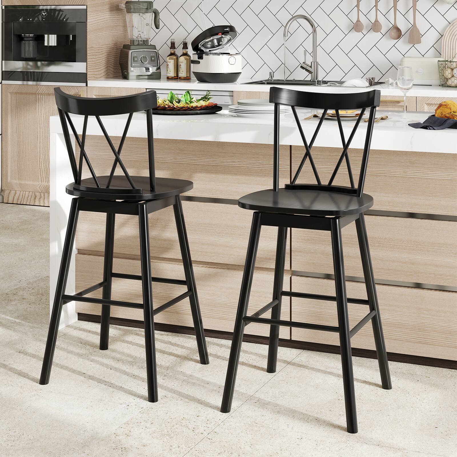 Alt View 1. Gymax - Gymax Windsor Bar Stool Set of 2 29'' Swivel Rubber Wood Dining Chairs Spacious Seat Black - Black.