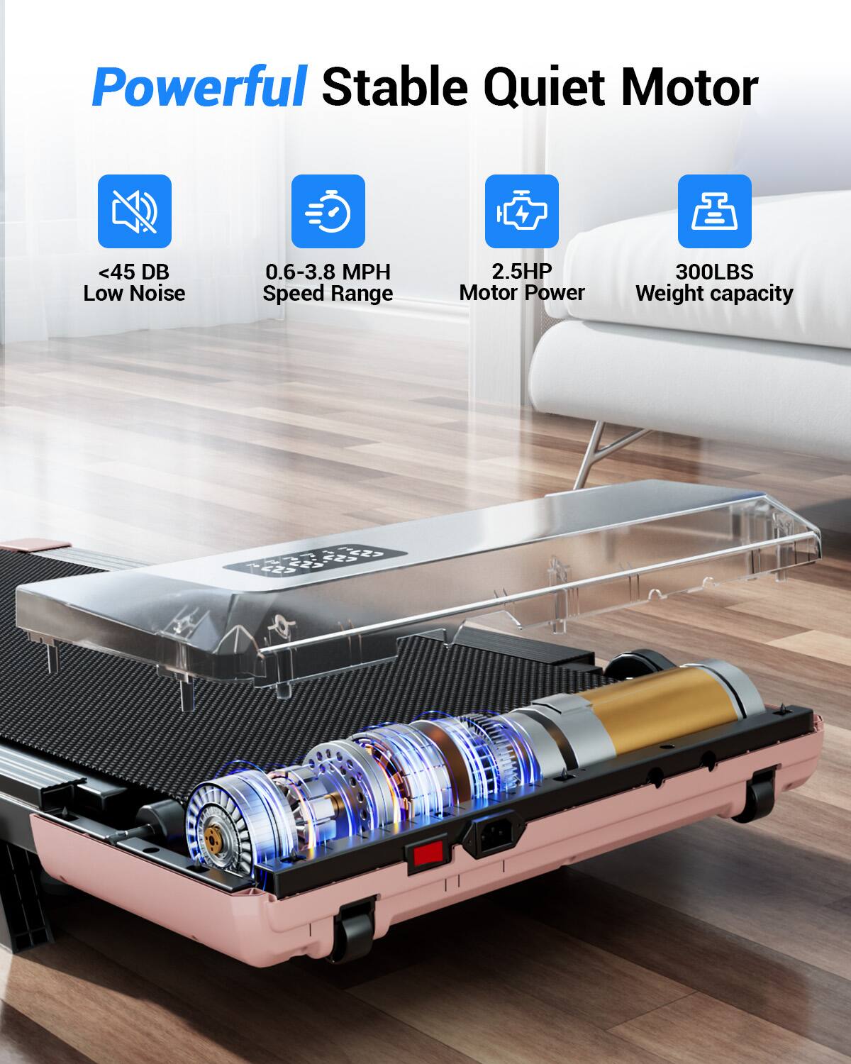 Powerful Stable Quiet Motor

- <45 DB Low Noise
- 0.6-3.8 MPH Speed Range
- 2.5HP Motor Power
- 300LBS Weight capacity