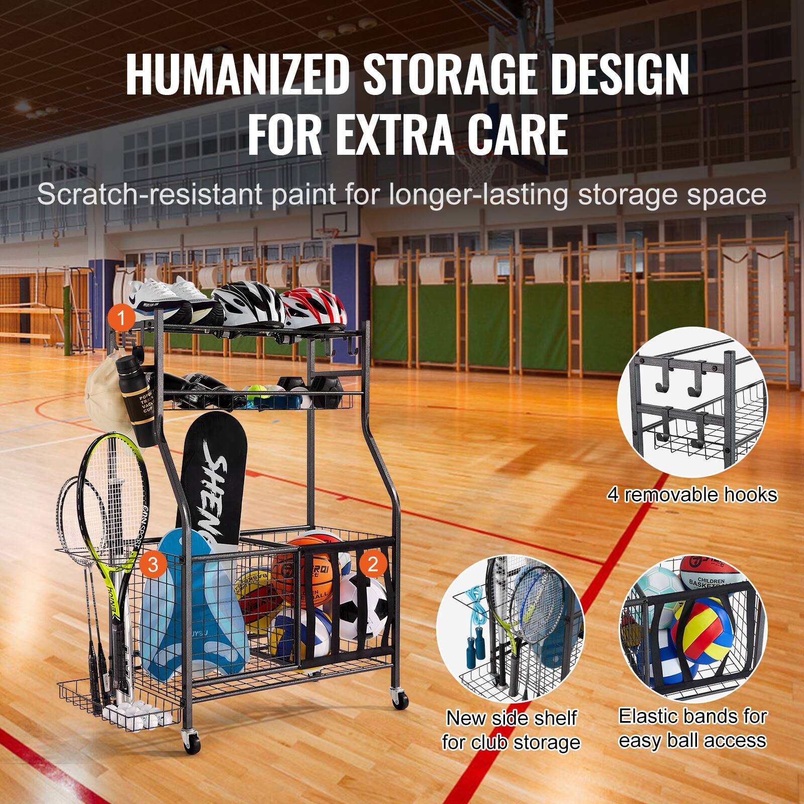 HUMANIZED STORAGE DESIGN FOR EXTRA CARE
Scratch-resistant paint for longer-lasting storage space
1. 4 removable hooks
2. New side shelf for club storage
3. Elastic bands for easy ball access