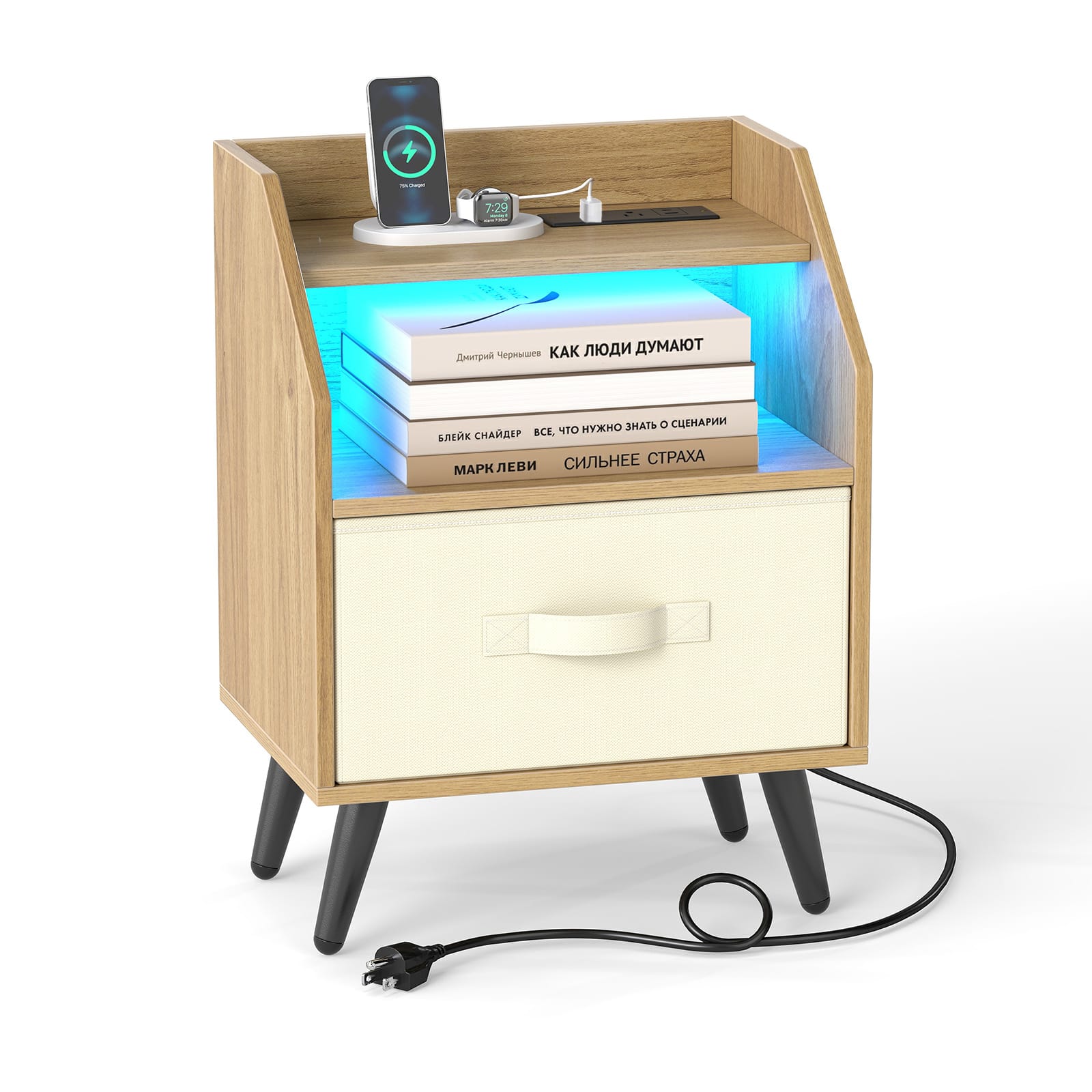 Costway - 1 PCS Nightstand with LED Lights & Power Outlets, Fabric Drawer & Open Storage Shelf - Natural