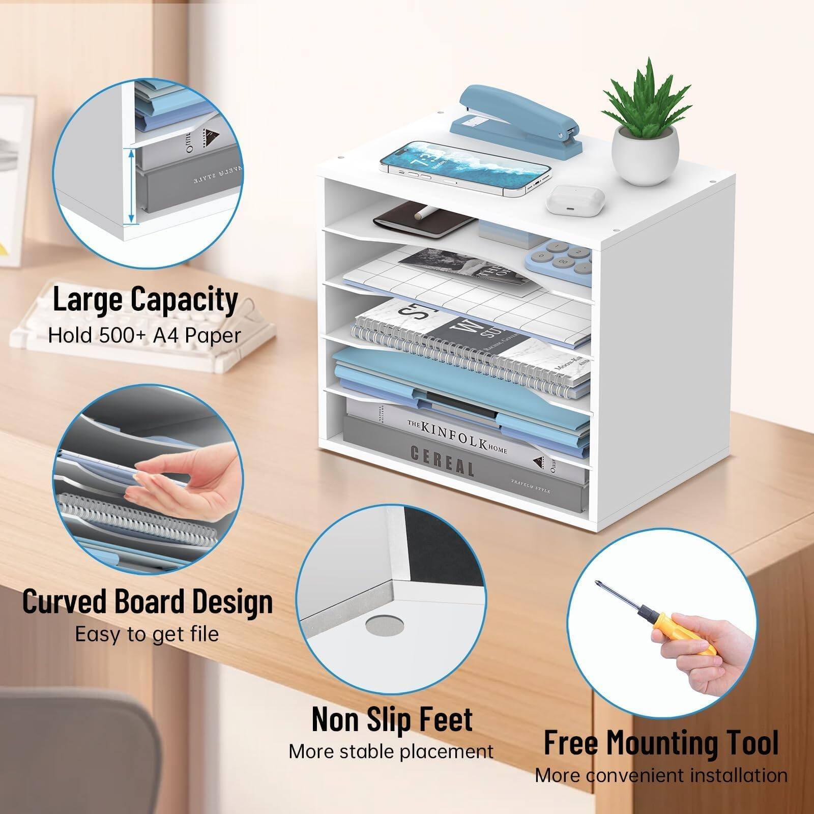 - Large Capacity: Hold 500+ A4 Paper
- Curved Board Design: Easy to get file
- Non Slip Feet: More stable placement
- Free Mounting Tool: More convenient installation