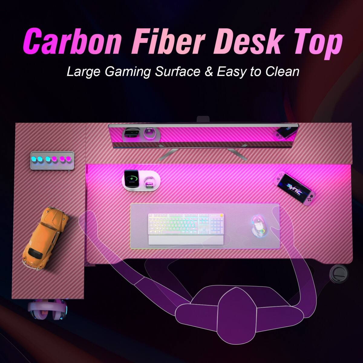 Carbon Fiber Desk Top  
Large Gaming Surface & Easy to Clean