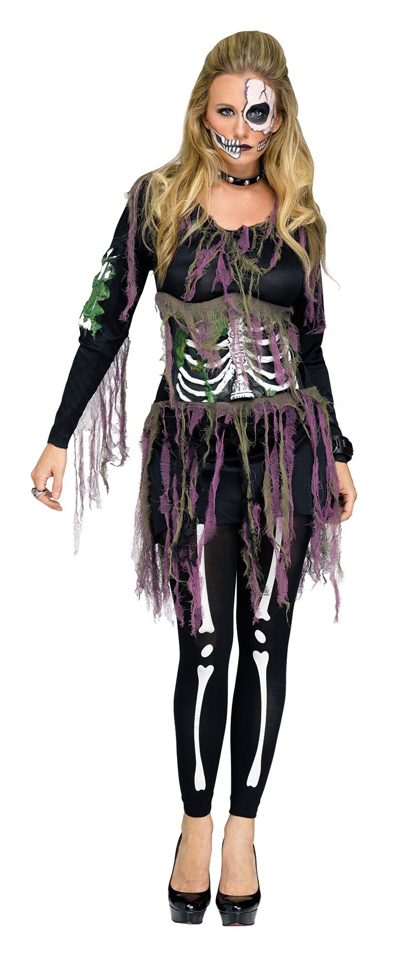 Front. Fun World - Black and Purple Skeleton Women Adult Halloween Costume - Small - Black.