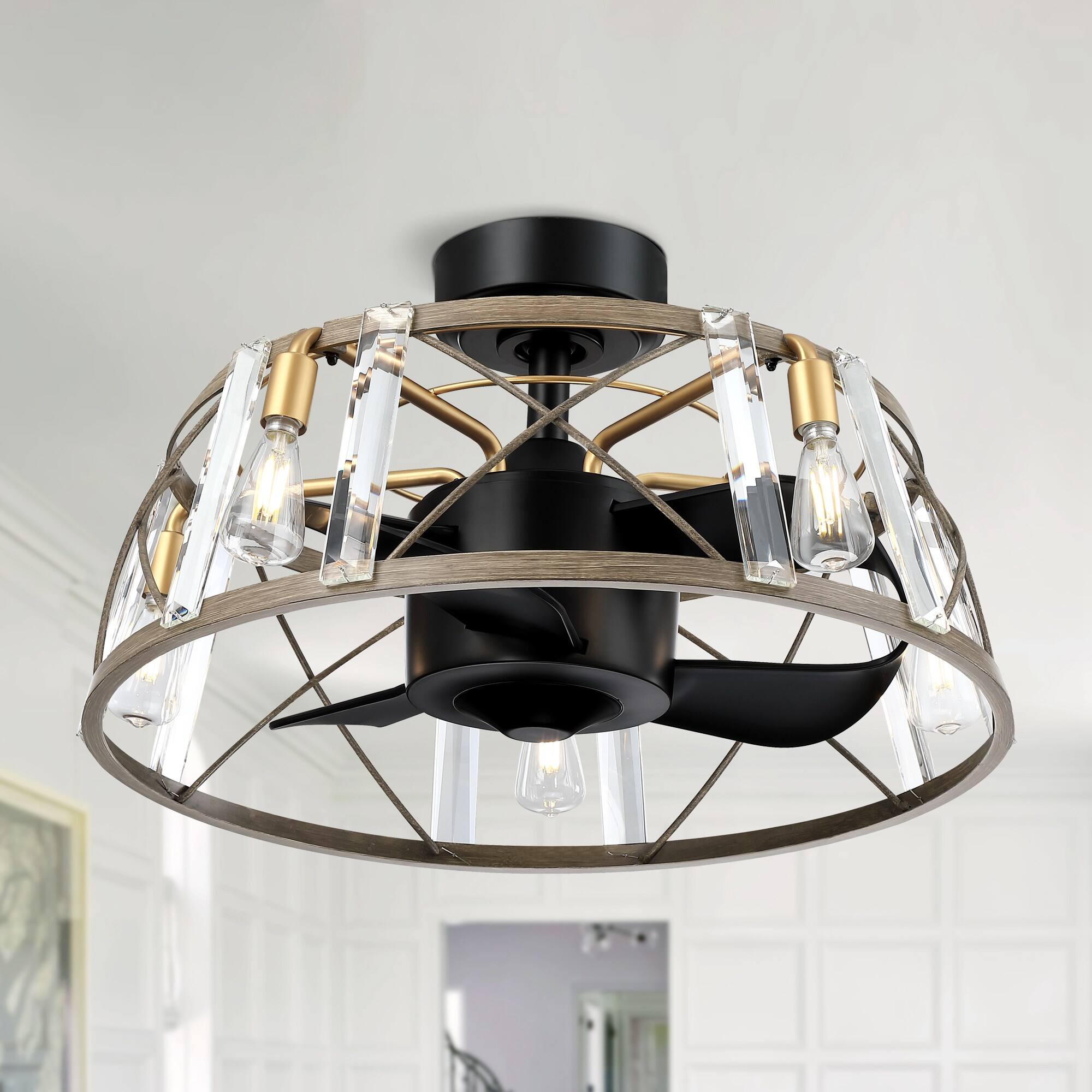 Front. Parrot Uncle - 25" Modern Matte Black Crystal Cage Chandelier Ceiling Fan with Remote - Black.