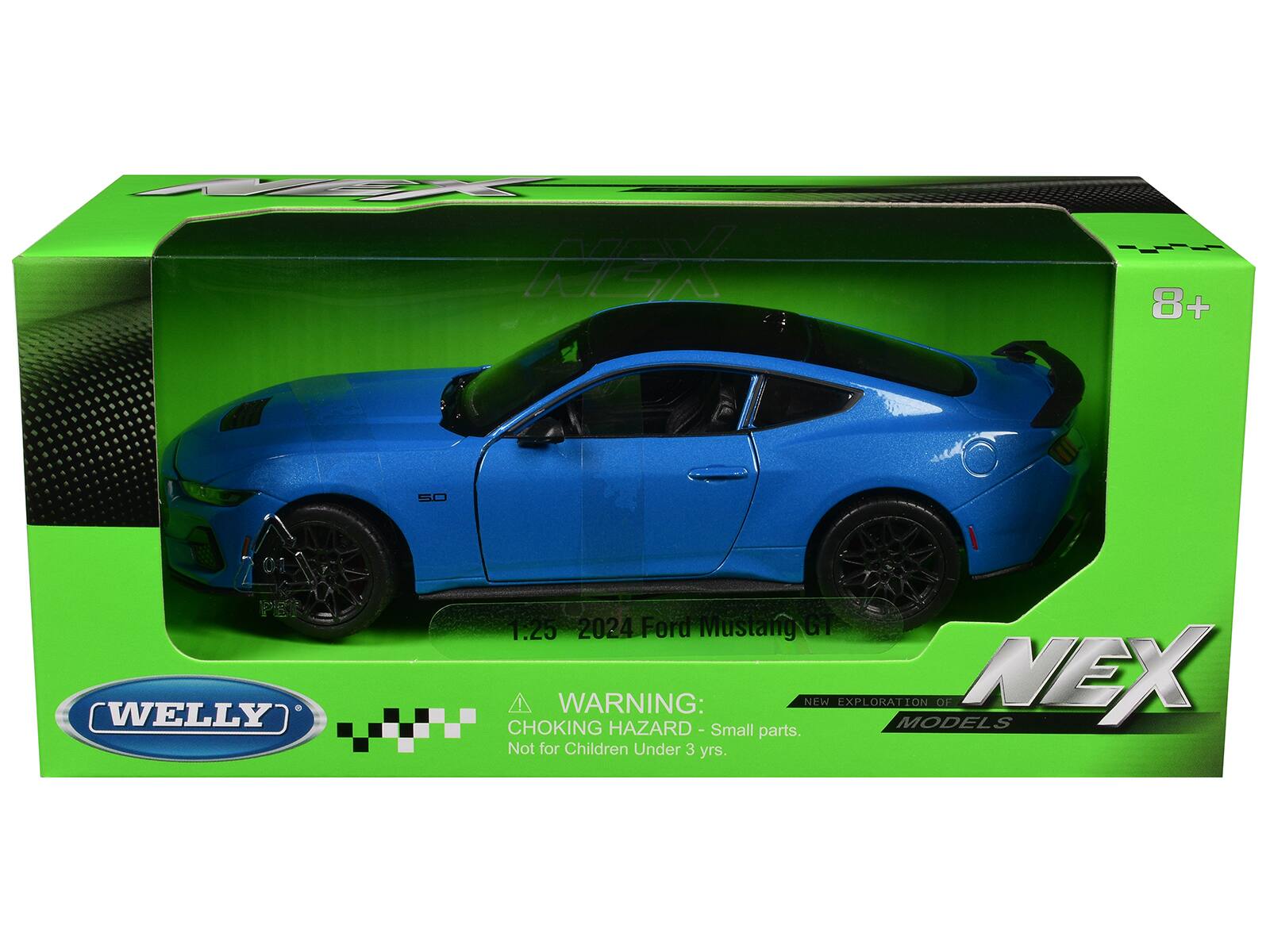 NEX 8+ S0 WELLY 1:25 2024 Ford Mustang GT  
CHOKING WARNING: NEW EXPLORATION MODELS OF NEX  
HAZARD - Small parts. Not for Children Under 3 yrs.