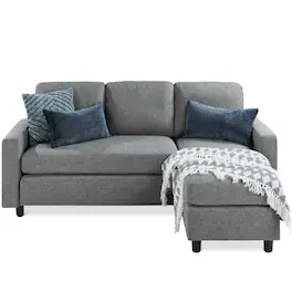 Best Choice Products - Linen Sectional Sofa Couch w/ Chaise Lounge, Reversible Ottoman Bench - Gray - Linen - Gray