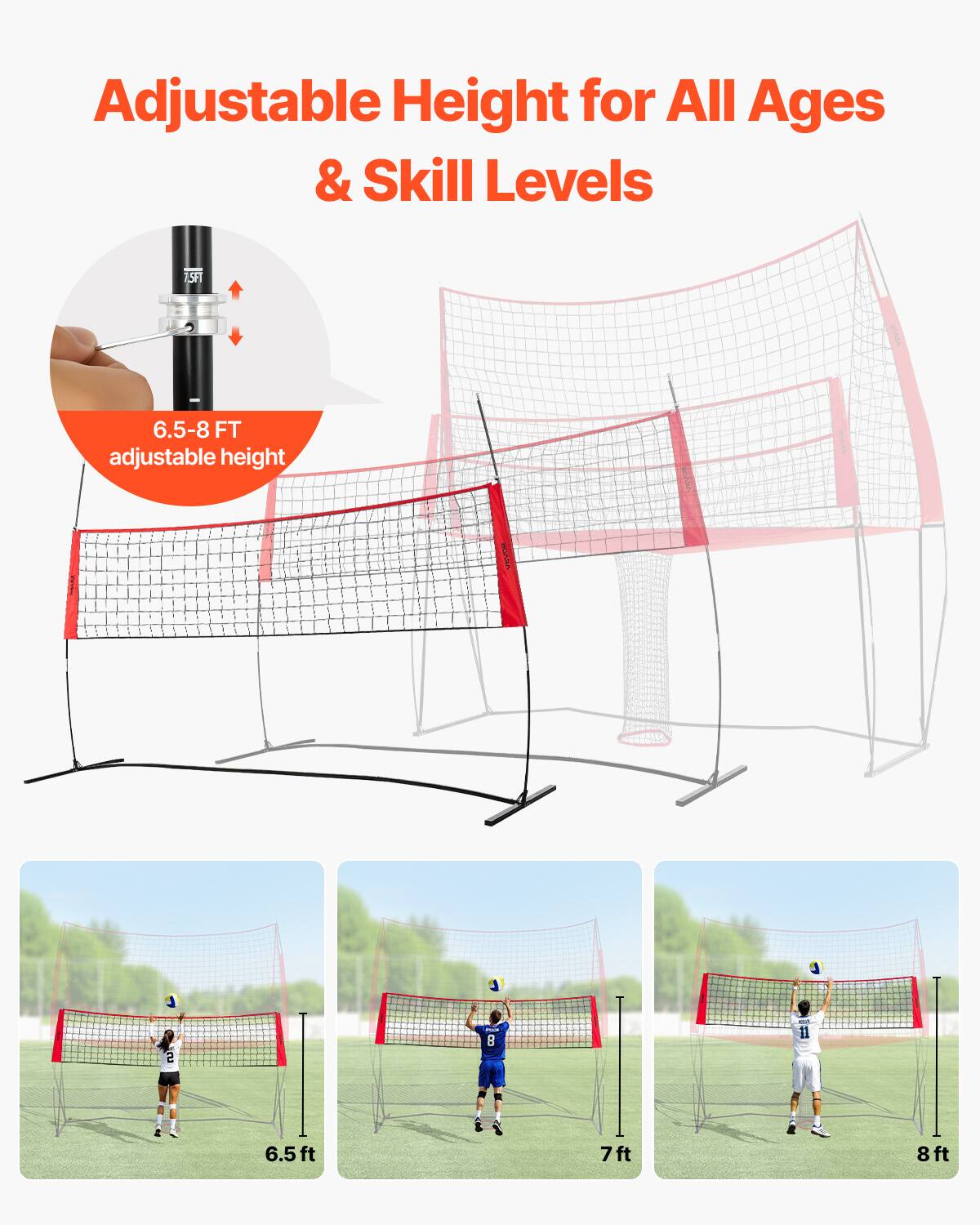 Adjustable Height for All Ages & Skill Levels

6.5-8 FT adjustable height

6.5 ft

7 ft

8 ft
