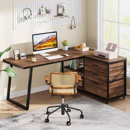 TinyHomie - 53INCH Reversible LShaped Computer Desk 3 Drawers Storage Shelves Industrial Corner Home Office Desk Rustic - Brown