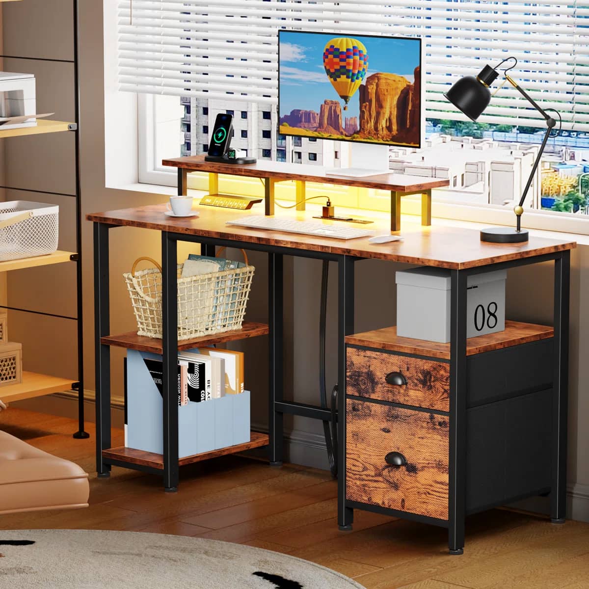 Furnulem - Computer Desk With Led Lights And Power Outlets Gaming Desk With Monitor StandHome Office Writing Desk With Storage - Brown
