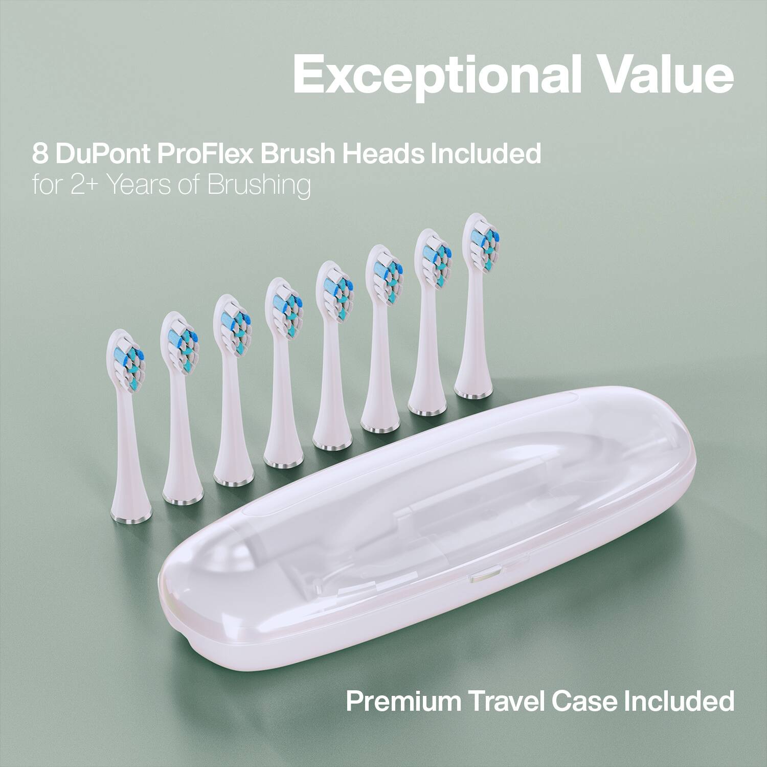 Exceptional Value

8 DuPont ProFlex Brush Heads Included for 2+ Years of Brushing

Premium Travel Case Included