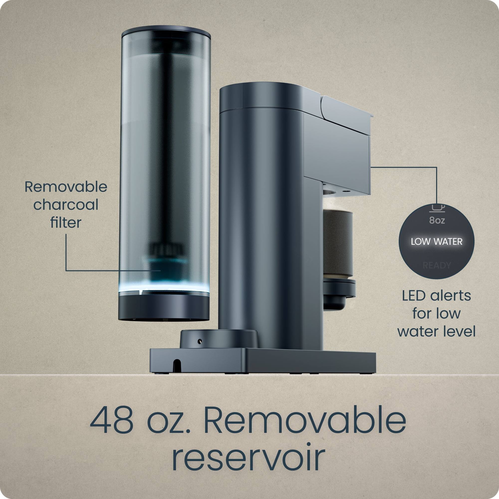 - Removable charcoal filter
- 48 oz. Removable reservoir
- LED alerts for low water level
- 8 oz LOW WATER READY