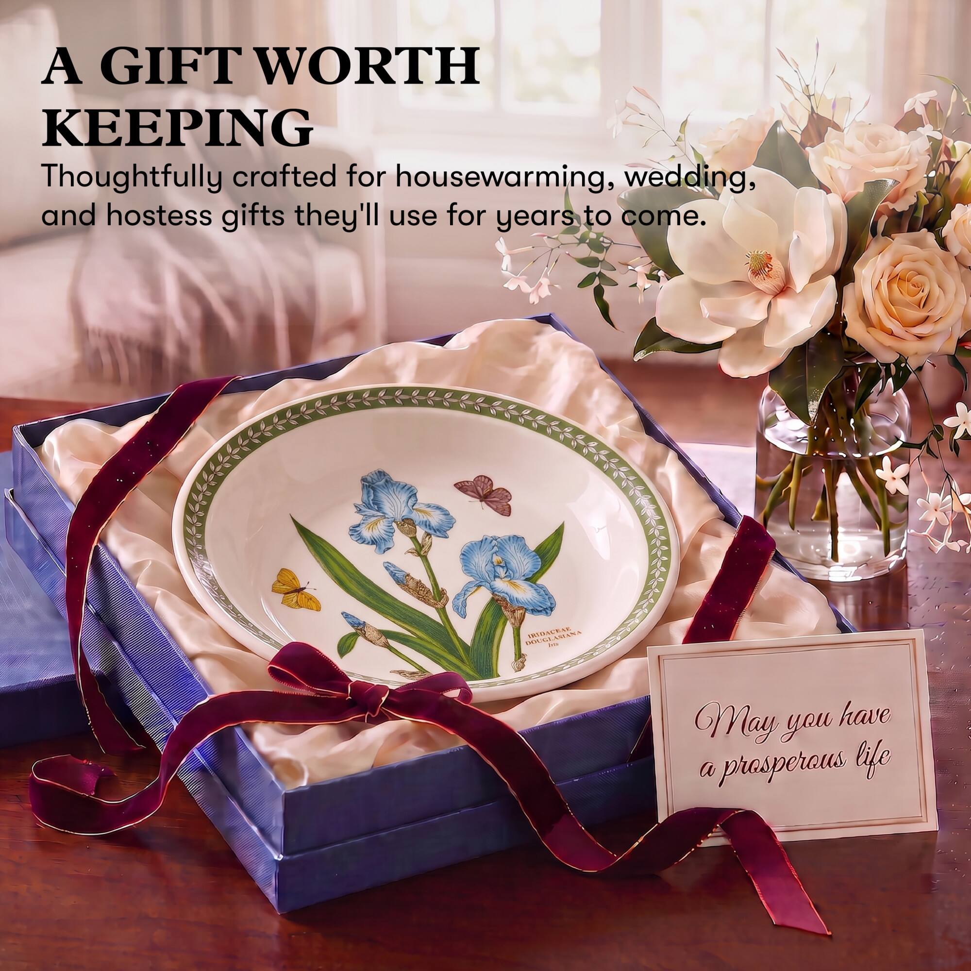 A GIFT WORTH KEEPING  
Thoughtfully crafted for housewarming, wedding, and hostess gifts they'll use for years to come.  

May you have a prosperous life