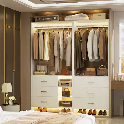 Front. Aheaplus - Wardrobe Closet System 2-Piece Set, 4.5ft Organizer System with 6 Drawers and 2 Hanging Rods - White.