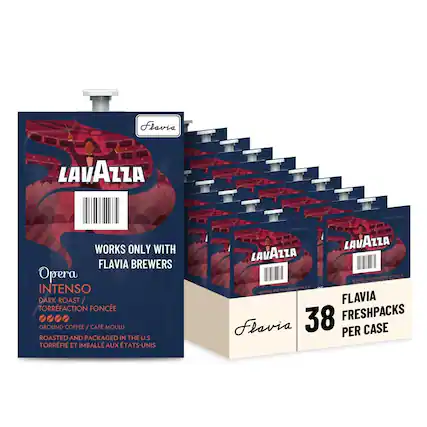 Flavia LAVAZZA WORKS ONLY WITH FLAVIA BREWERS
Opera INTENSO DARK ROAST / TORRÉFACTION FONCÉE
GROUND COFFEE / CAFÉ MOULU
ROASTED AND PACKAGED IN THE U.S.
TORRÉFIÉ ET IMBALLE AUX ÉTATS-UNIS
LAVAZZA - THE UE AND U BOALR
38 FRESHPACKS
Flavia PER CASE