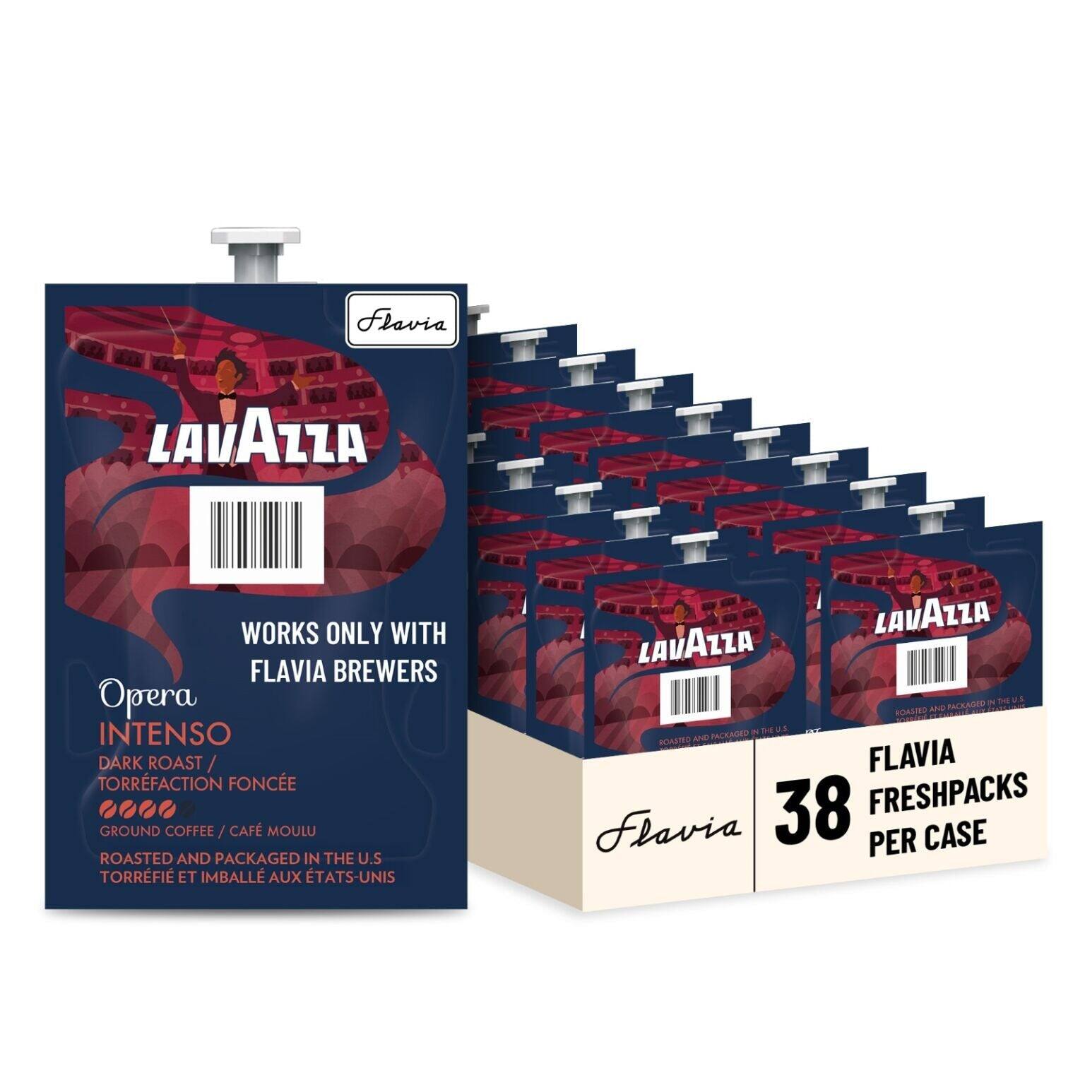 Flavia LAVAZZA WORKS ONLY WITH FLAVIA BREWERS  
Opera INTENSO DARK ROAST / TORRÉFACTION FONCÉE  
GROUND COFFEE / CAFÉ MOULU  
ROASTED AND PACKAGED IN THE U.S.  
TORRÉFIÉ ET IMBALLE AUX ÉTATS-UNIS  

LAVAZZA - THE UE AND U BOALR  
38 FRESHPACKS  

Flavia PER CASE