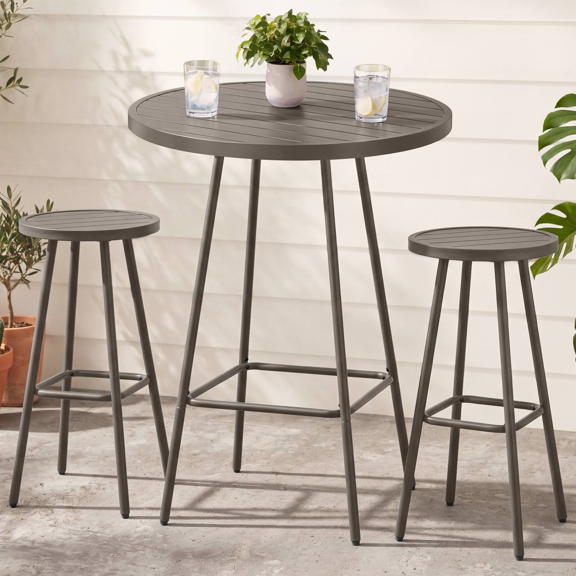 Front. Best Choice Products - Best Choice Products 3-Piece Steel Patio Bar Height Round Bistro Set w/ Backless Stools, Slatted Design - Taupe - Taupe.