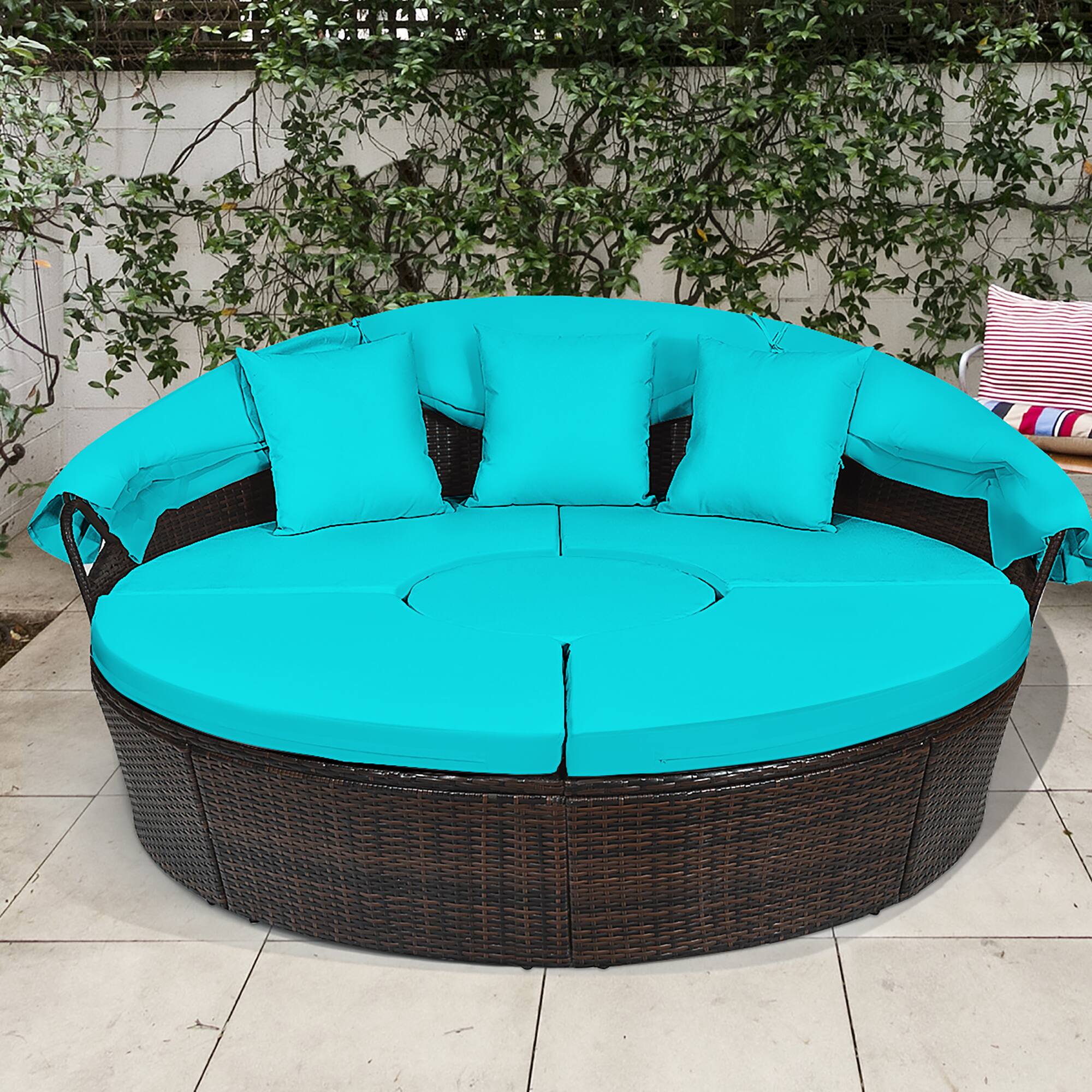 Alt View 4. Costway - Patio Rattan Daybed Cushioned Sofa Adjustable Table Top Canopy - Turquoise.