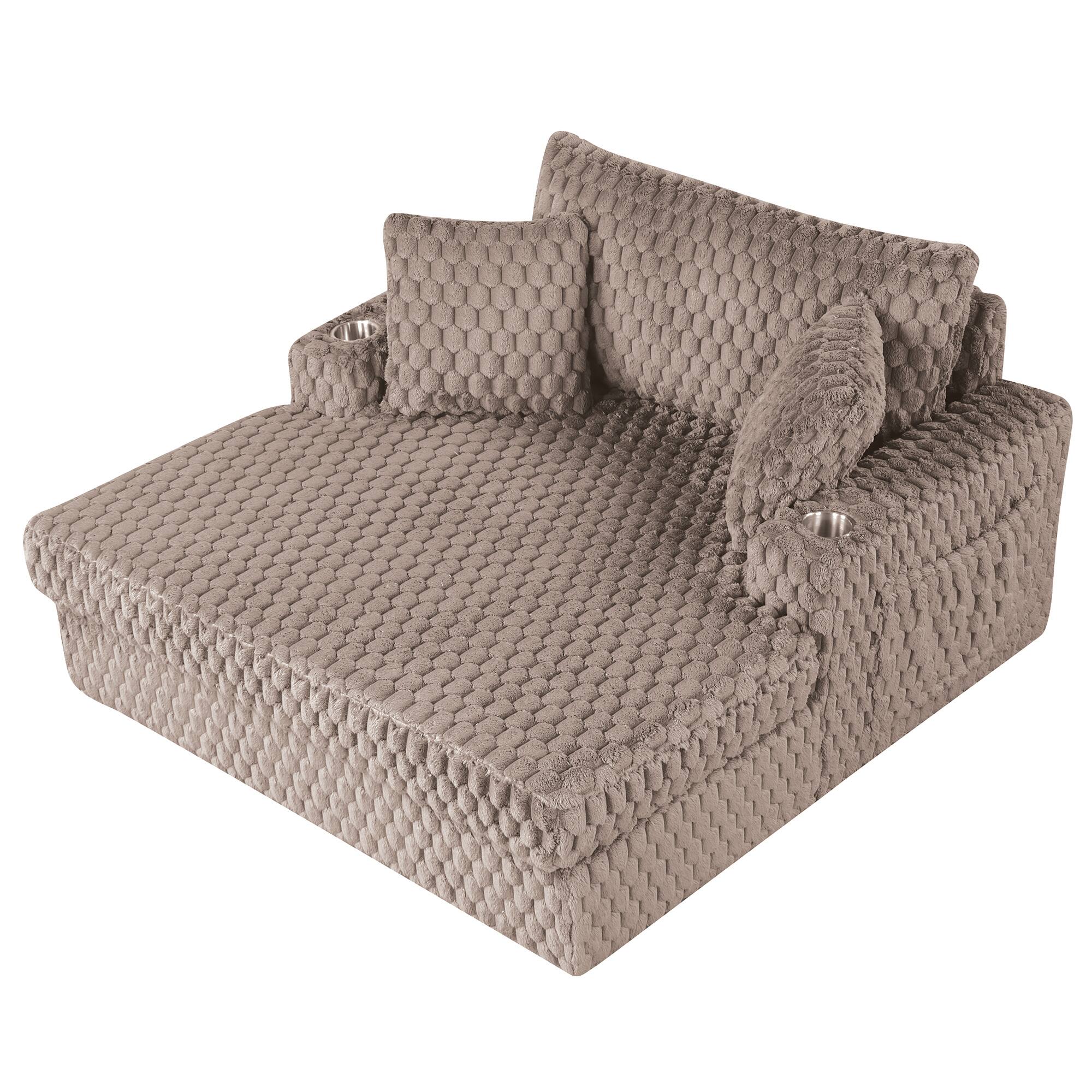 Angle. Vaczon - 58-Inch Oversized Chaise Lounge Sofa Bed with Cup Holders and Storage Pocket for Living Room - Taupe Beige.