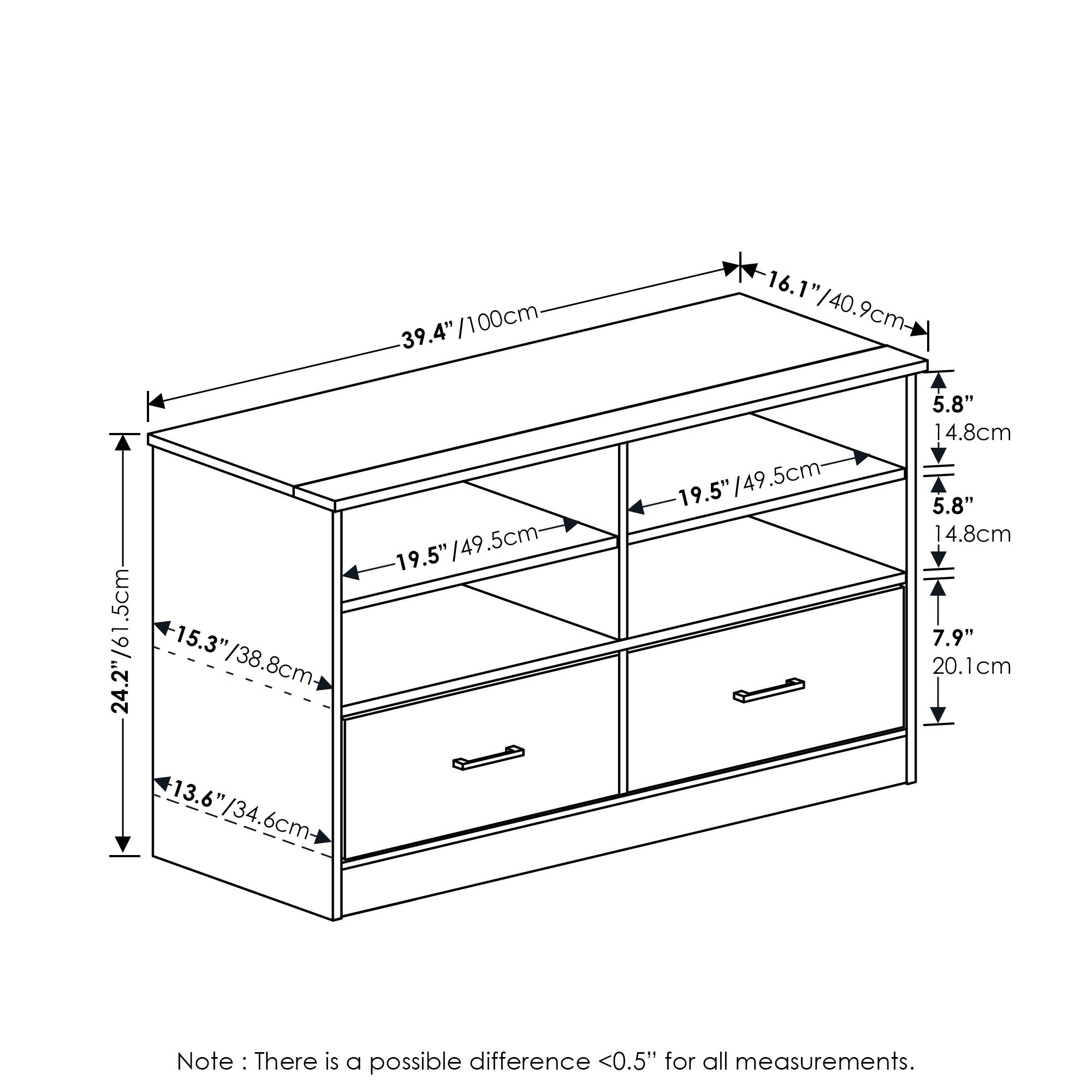 - Width: 39.4" / 100cm
- Depth: 16.1" / 40.9cm
- Height: 24.2" / 61.5cm
- Shelf 1 Depth: 19.5" / 49.5cm
- Shelf 2 Depth: 19.5" / 49.5cm
- Shelf 1 Height: 15.3" / 38.8cm
- Shelf 2 Height: 13.6" / 34.6cm
- Drawer Height: 5.8" / 14.8cm
- Drawer Height: 5.8" / 14.8cm
- Drawer Height: 7.9" / 20.1cm

Note: There is a possible difference <0.5" for all measurements.