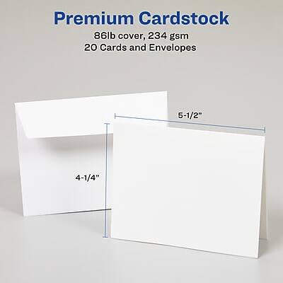 Premium Cardstock  
86lb cover, 234 gsm  
20 Cards and Envelopes  
5-1/2" x 4-1/4"