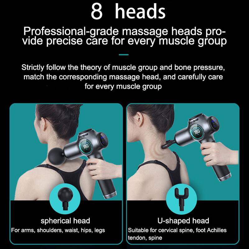 8 heads

Professional-grade massage heads provide precise care for every muscle group

Strictly follow the theory of muscle group and bone pressure, match the corresponding massage head, and carefully care for every muscle group

- Spherical head
  For arms, shoulders, waist, hips, legs

- U-shaped head
  Suitable for cervical spine, foot Achilles tendon, spine