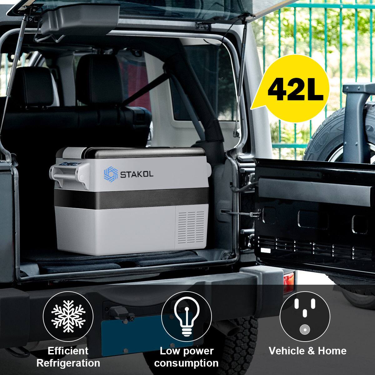 The text on the image reads: "42L STAKOL Efficient Refrigeration Low power consumption Vehicle & Home."