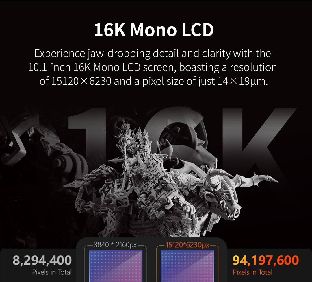 16K Mono LCD

Experience jaw-dropping detail and clarity with the 10.1-inch 16K Mono LCD screen, boasting a resolution of 15120 x 6230 and a pixel size of just 14 x 19µm.

- 3840 x 2160px
  - 8,294,400 Pixels in Total

- 15120 x 6230px
  - 94,197,600 Pixels in Total