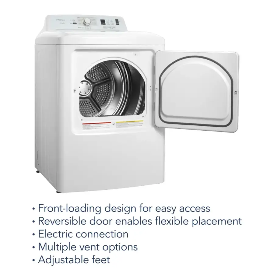 Front-loading design for easy access, reversible door enables flexible placement, electric connection, multiple vent options, and adjustable feet.