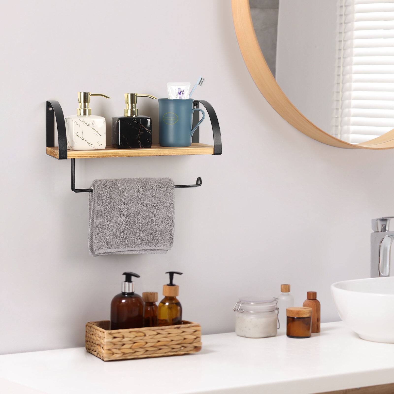 Back. Oumilen - Wall Mounted Floating Shelf with Paper Towel Holder – Light Burnt Wood Storage Shelf with Roll Bar.