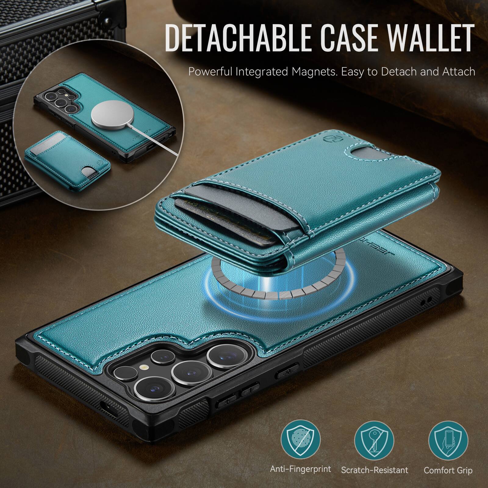DETACHABLE CASE WALLET  
Powerful Integrated Magnets. Easy to Detach and Attach  

Anti-Fingerprint  
Scratch-Resistant  
Comfort Grip