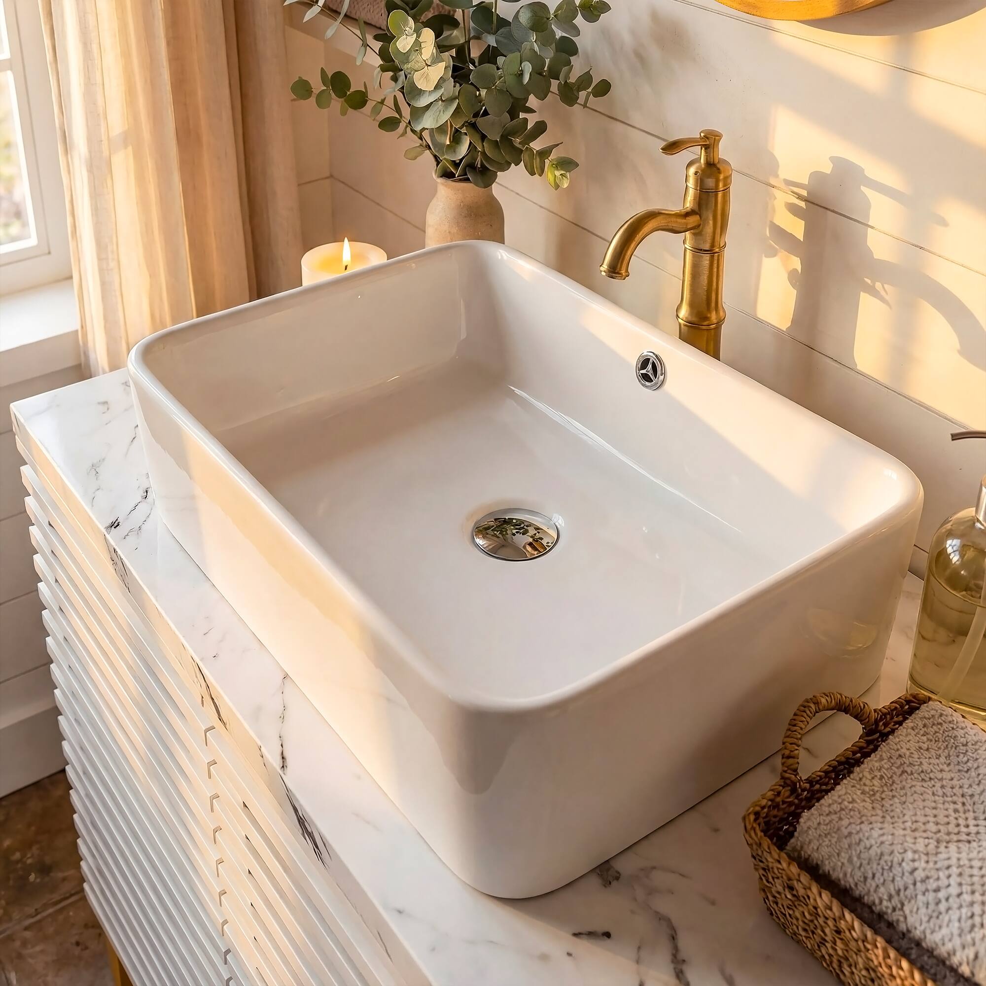 Alt View 2. FUFU & GAGA - Bathroom Vanity with Square Ceramic Vessel Sink – 22.2" Louvre Door Cabinet, Solid Wood Legs for Modern Farmhouse - White.