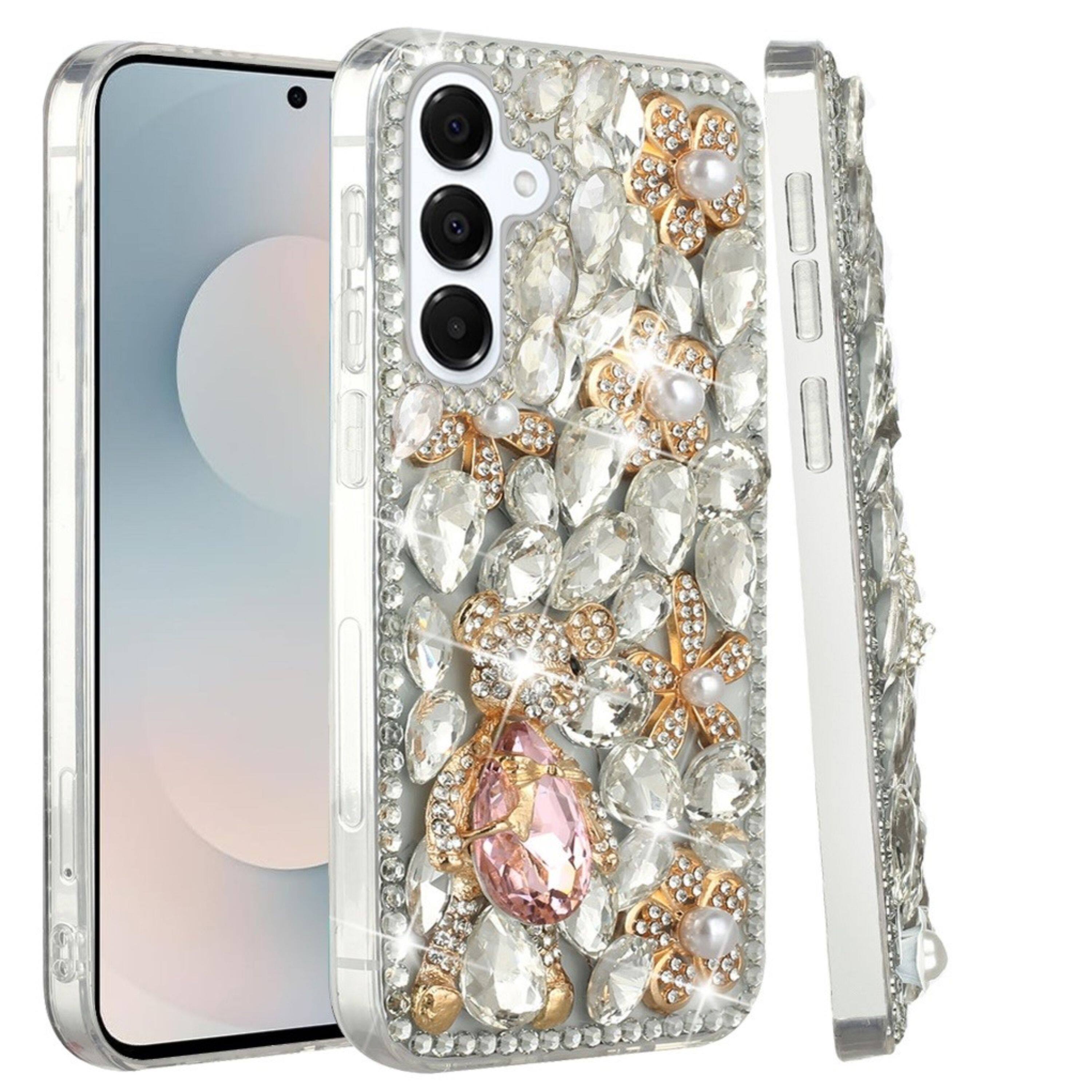 Left. Kitcheniva - Full Diamond Bling 3D Jewel Ornaments Plus Tempered Glass For Samsung S25 FE Silver Panda Floral - Multicolor.