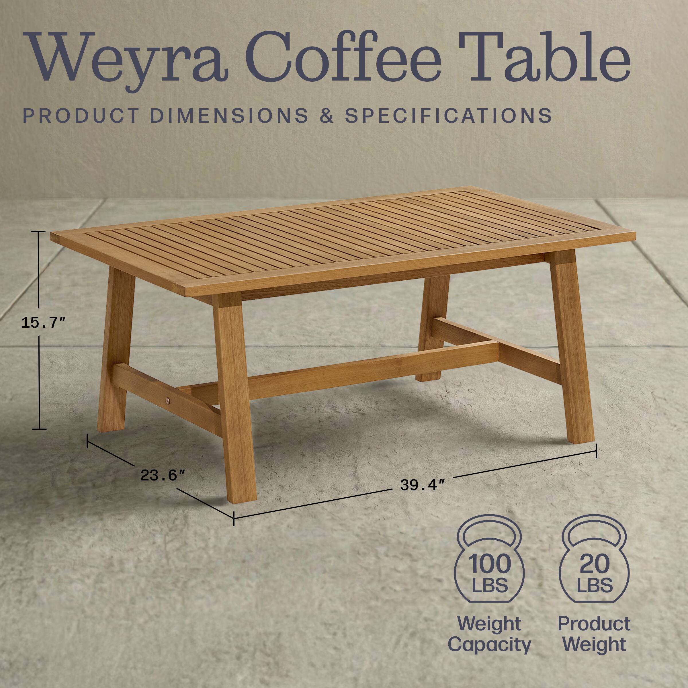 Weyra Coffee Table

PRODUCT DIMENSIONS & SPECIFICATIONS

15.7" x 23.6" x 39.4"

Weight Capacity: 100 LBS

Product Weight: 20 LBS