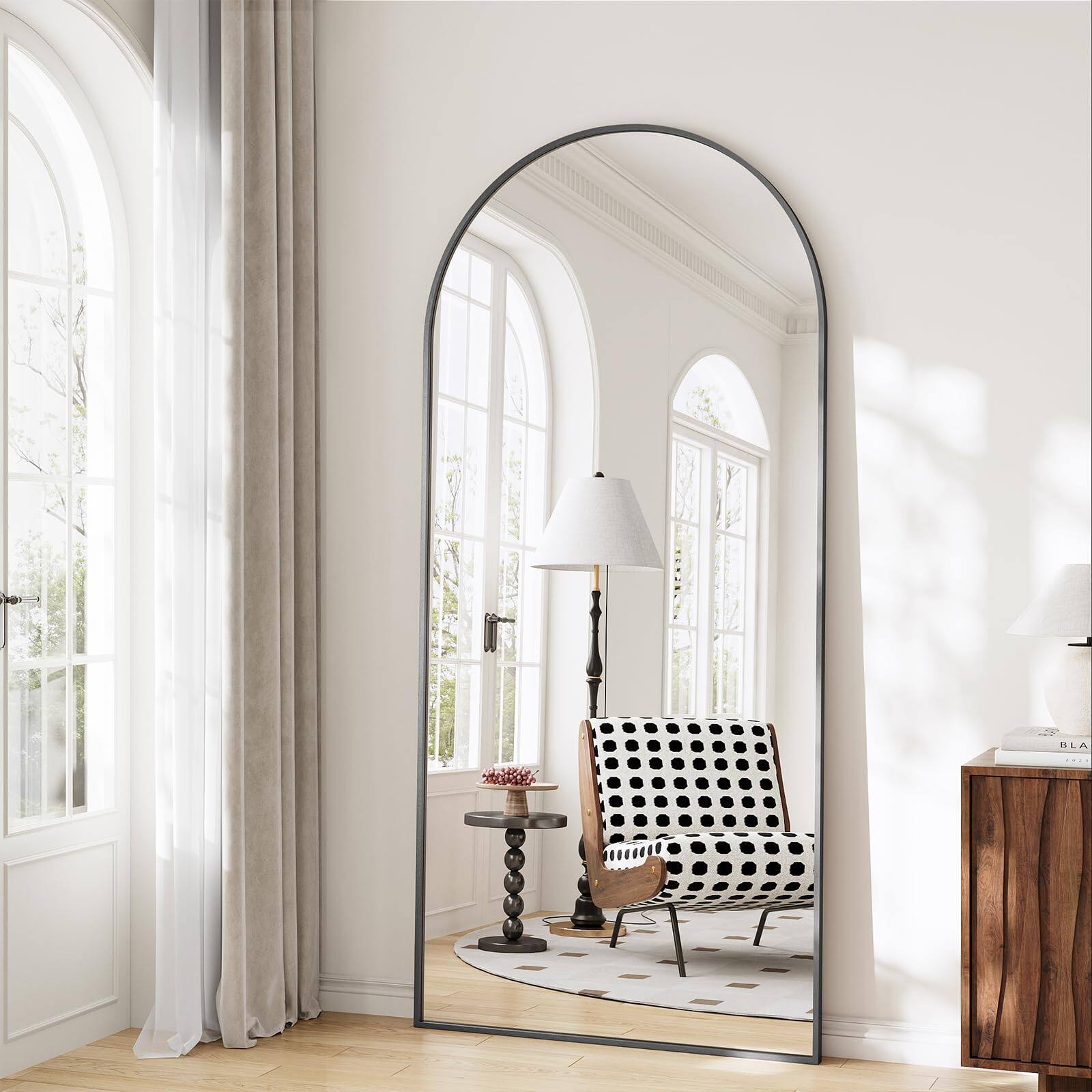 Front. Hanke - Arched Full Length Mirror - Wall Mounted floor Aluminum Alloy Frame Body Mirrors For Bathroom Living Room - Black 71"Lx28"W.