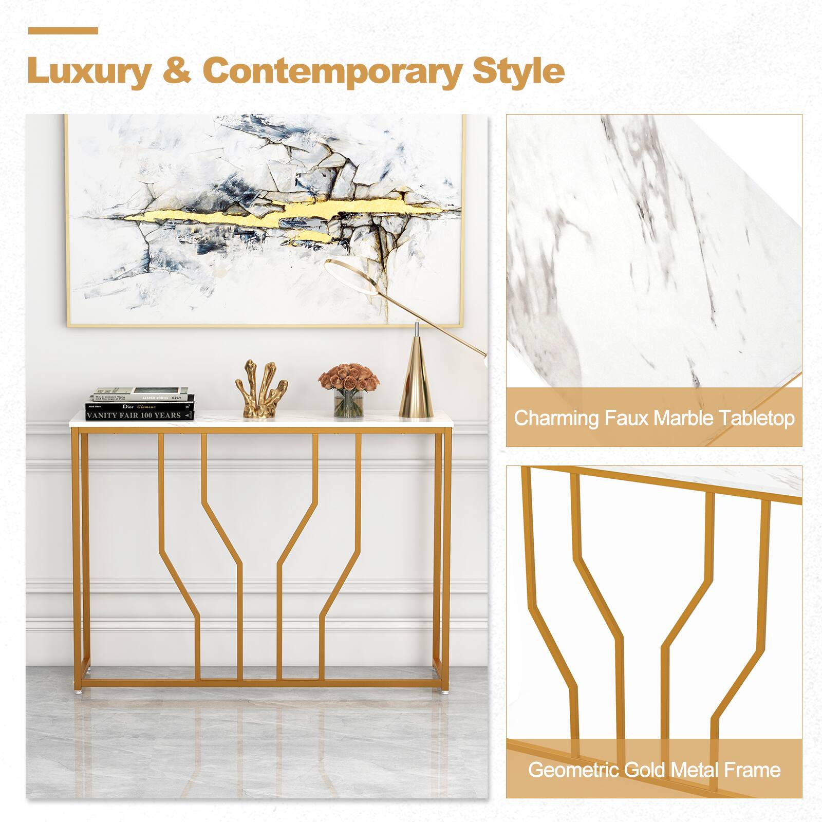 Luxury & Contemporary Style

Charming Faux Marble Tabletop
Geometric Gold Metal Frame
VANITY AIR 100 YEARS
