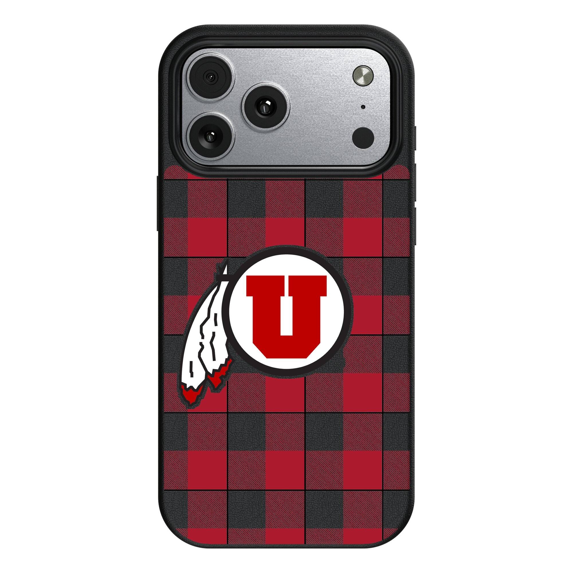 Front. Keyscaper - Utah Utes Plaid Magnetic Bump iPhone Case - 15 Pro Max - Black.