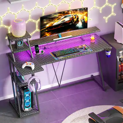 Front. Furnulem - 55 In Gaming Desk with Monitor CPU StandHome Office Desk with Power OutletRGB LED LightsCup Holder Headphone Hook - Black.