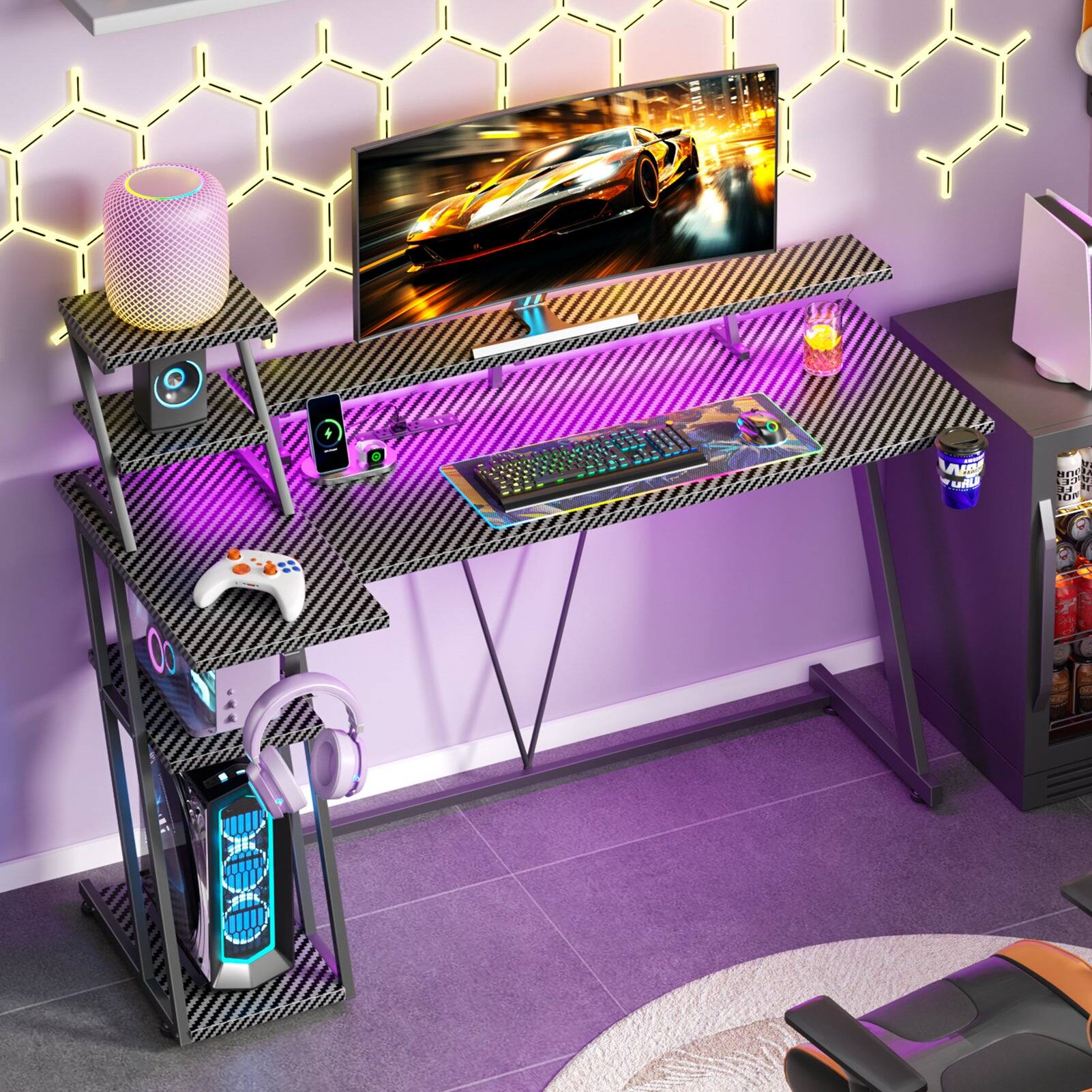 Front. Furnulem - 55 In Gaming Desk with Monitor  CPU StandHome Office Desk with Power OutletRGB LED LightsCup Holder  Headphone Hook - Black.