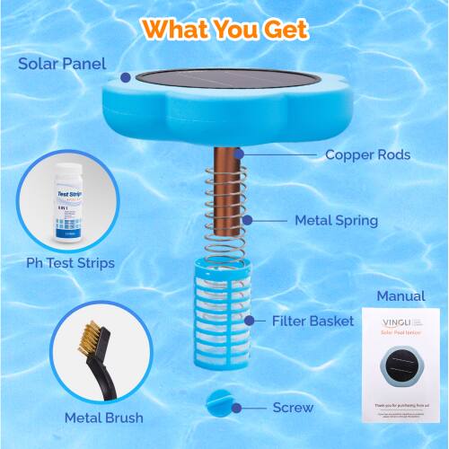 What You Get

- Solar Panel
- Copper Rods
- Metal Spring
- Ph Test Strips
- Filter Basket
- Manual
- Metal Brush
- Screw