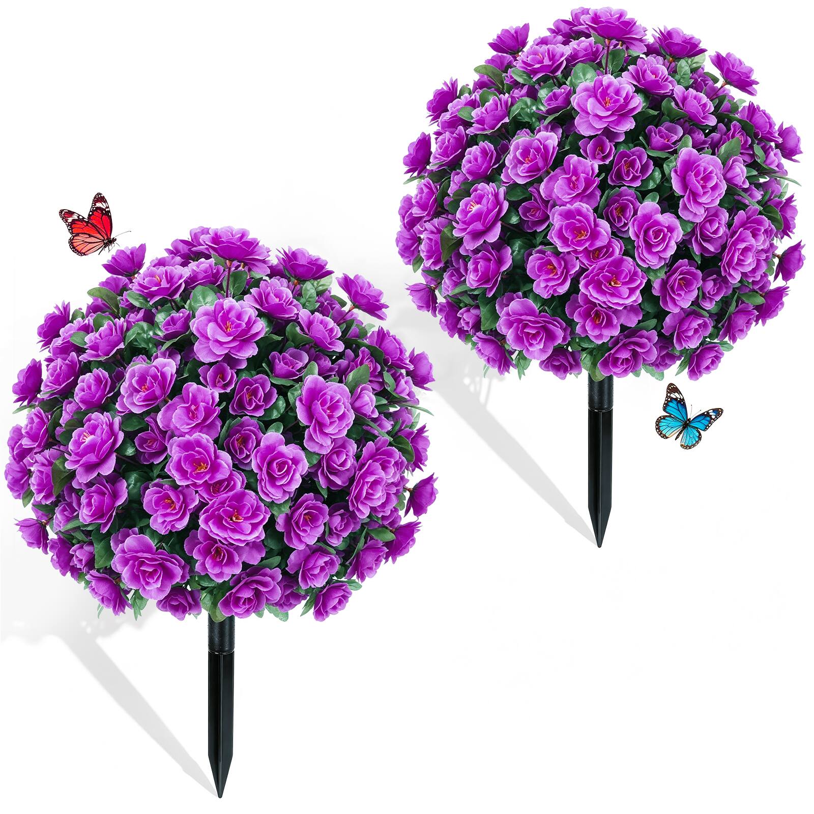 Front. Oumilen - 2 Pack Artificial Purple Rose Topiary Trees – UV Resistant Outdoor Fake Plants with Stakes, 21.6in for Garden Yard - Purple.