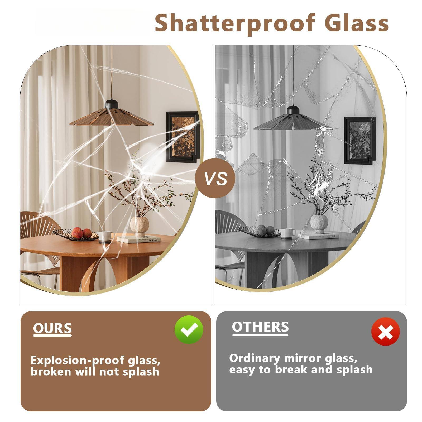 Shatterproof Glass

OURS
Explosion-proof glass, broken will not splash

OTHERS
Ordinary mirror glass, easy to break and splash