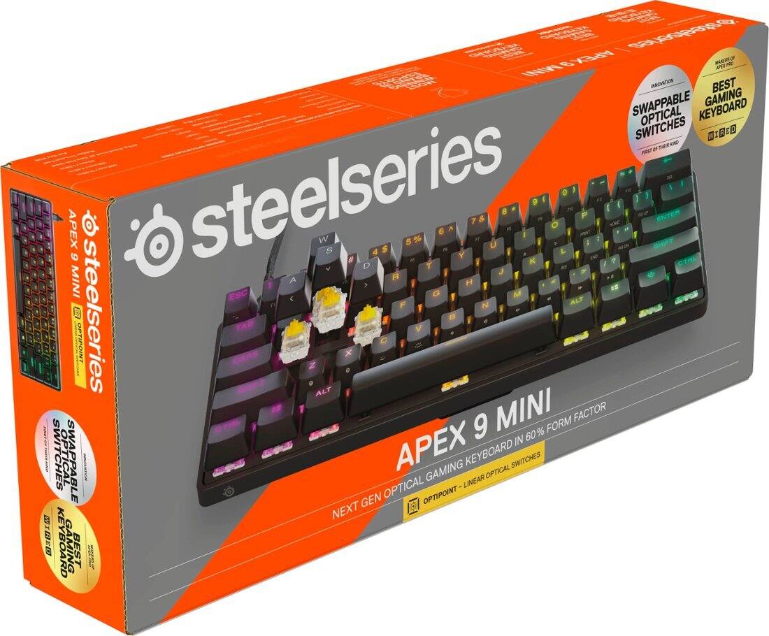 The text on the image reads:

"Apex Mini 60% Form Factor Gaming Keyboard - Optical Switches - Best Swappable Gaming Optical Keyboard Switches - Steelseries."